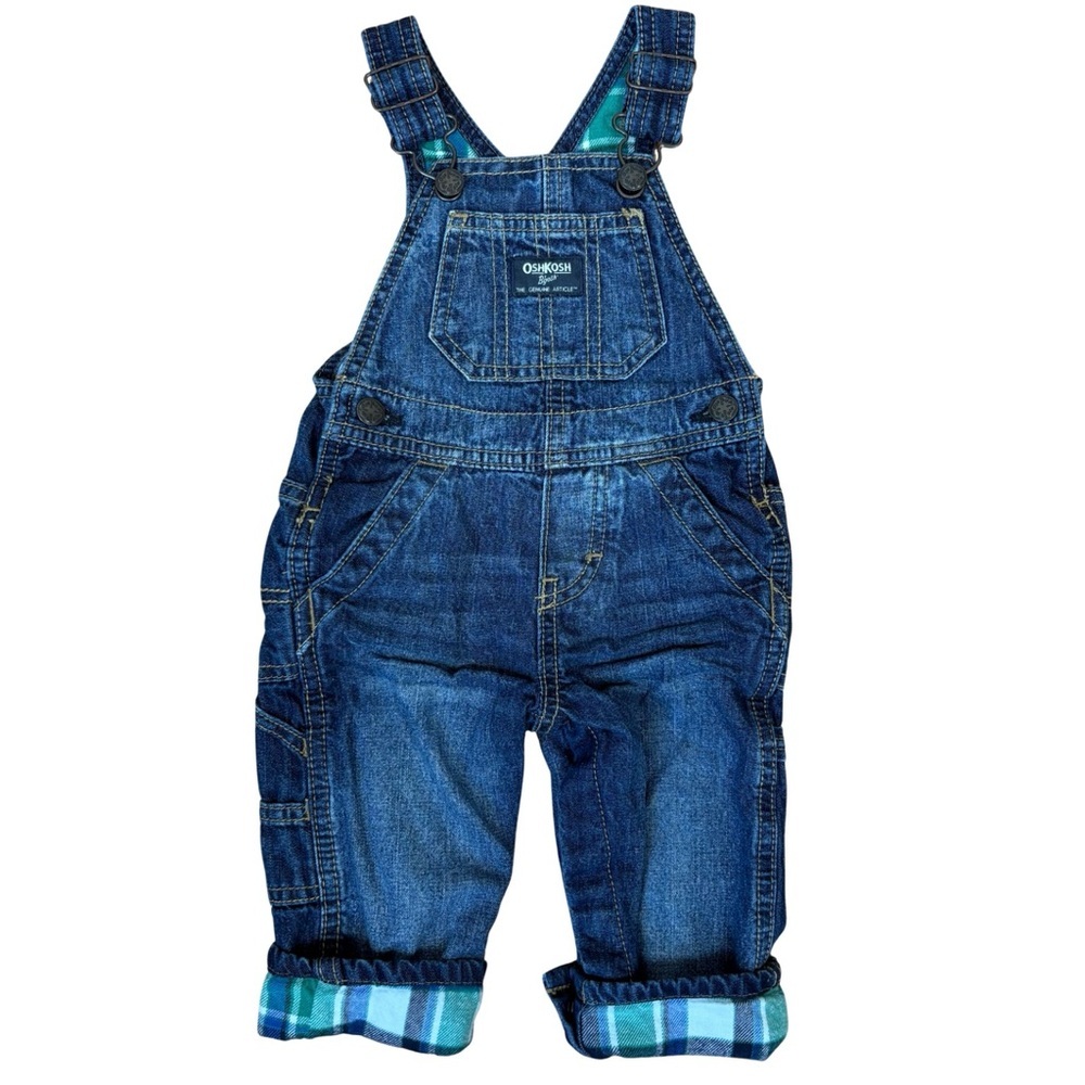 OshKosh B'Gosh Denim Bib Overalls‎ Vestbak Size 9 Mos. Plaid Flannel Lining Blue